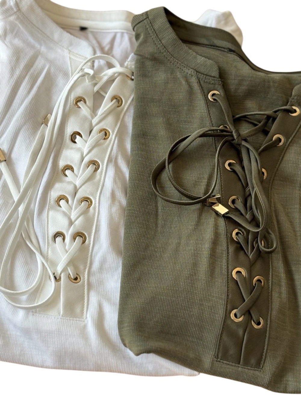 White House Black Market Bundle  Lace-Up Short Sleeve Tees in White and Olive